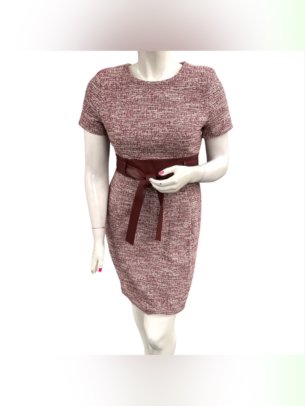 Calvin Klein Rose-Mauve Tweed Sheath Dress with Belt Size L